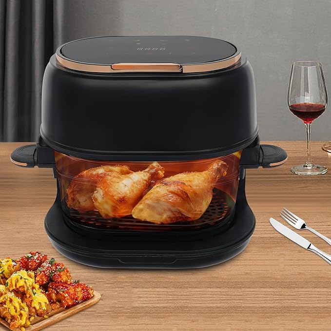 banborba Air Fryer, 900W 4.23QT Glass Air Fryer, Smart Compact Airfryer with Digital Display, 140℉-374℉ Adjustable Temperature, 120 Min Timer, for Cakes, Chicken Wings, Fish, Meat, Shrimp, Vegetables