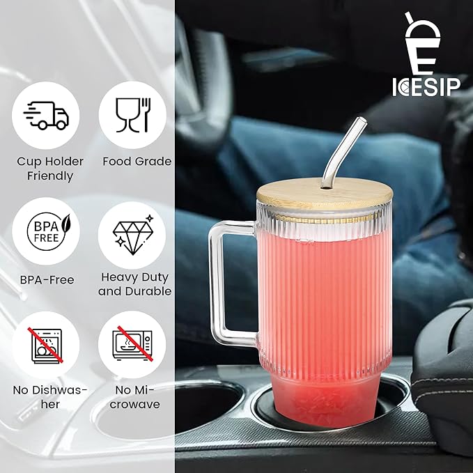 24oz Ribbed Glass Cups with Lids and Straws Handle Iced Coffee Drinking Glasses Heavy Duty Tumbler for Cold Drink Smoothie Boba Tea(Ribbed with Bamboo Lid)