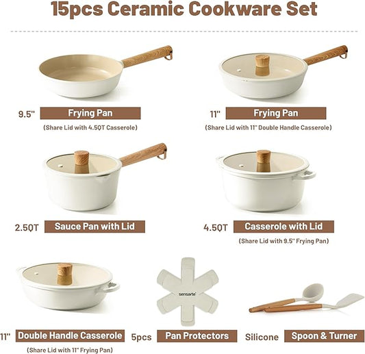 SENSARTE Ceramic Nonstick Cookware Set Non-toxic Healthy Pots and Pans Set Ceramic Coated Kitchen Cooking Set, Free of Intentionally Added PFAS/PTFE, Dishwasher&Oven Safe, Induction Compatible, 15pcs