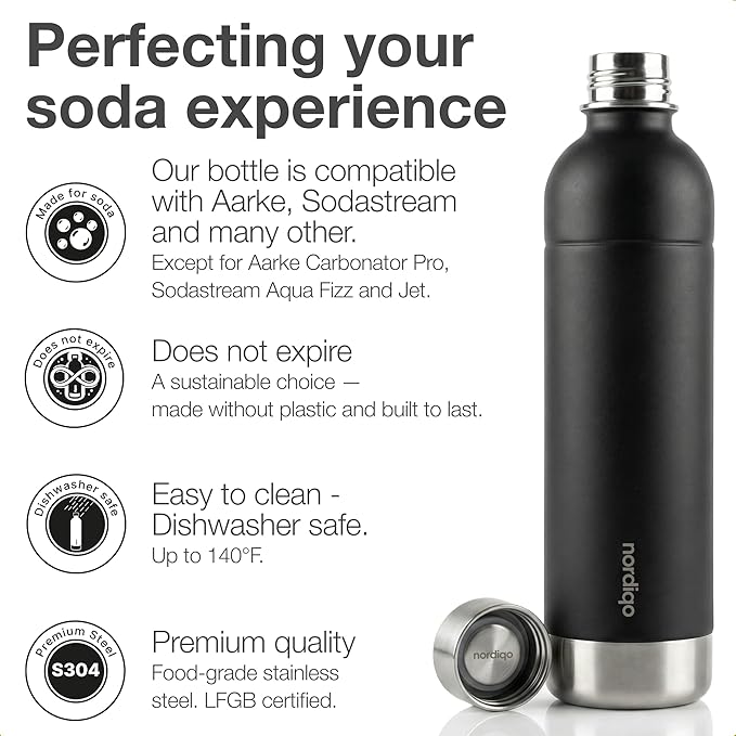 Stainless Steel Carbonating Bottle 33 oz | Compatible with Aarke Carbonator 3, Sodastream (Excl. model Aqua Fizz + Jet) and many others | Dishwasher Safe, No Expiration Date, BPA-Free