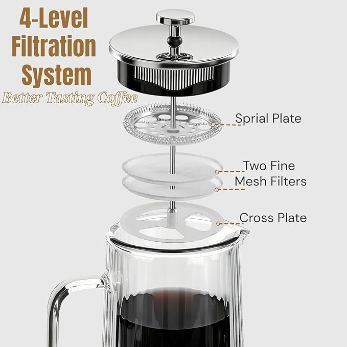 CHDEXU Glass French Press Coffee Maker 34oz, Double Wall Heat-Resistant Borosilicate Glass Coffee Press with Stainless Steel 4-Level Filtration, Also Fit for Tea