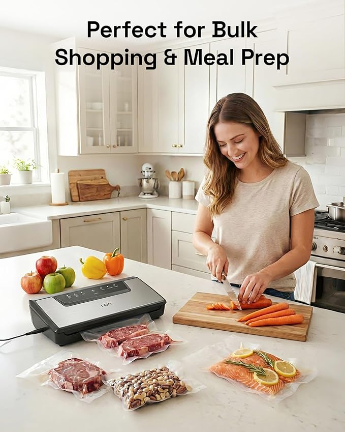 HBN Vacuum Sealer Machine Commercial Automatic Food Vacuum Sealer Built-in Cutter & Bag Storage Countertop Vacuum Sealer with Automatic Hands-Free Lid SUS Stainless Steel 1 Bag Roll & 20 Bags