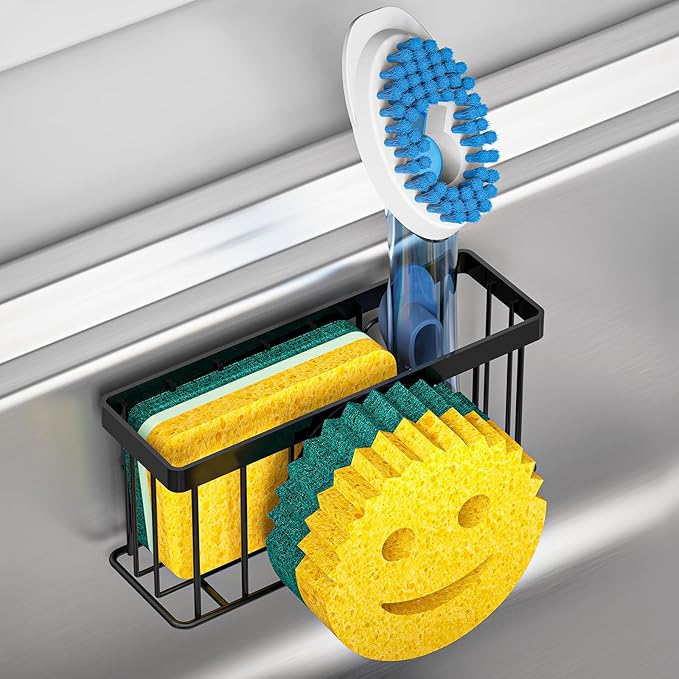 Sponge Holder Smiley Face, Caddy for kitchen Sink, Kitchen Organizer Sponge Holder with 2 PCS Suction Cups/1 PCS Adhesive Strips, Designed for Sponge, Soap, Dish brush, Scrubber-Black