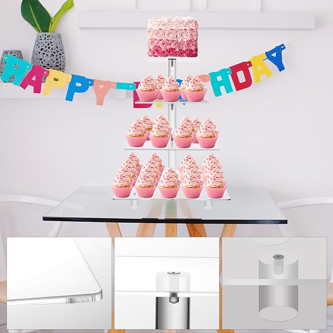 Jusalpha® Large 4 Tier Square Acrylic Cupcake Tower Stand for Dessert, Pastry, Serving Platter-Candy Bar Party Décor and Supply (Tall version)