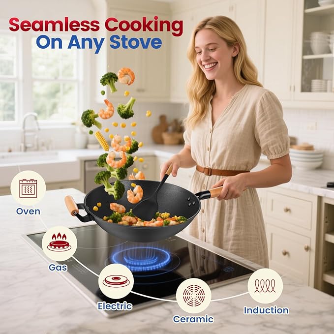 AOSION 13'' Nonstick Wok, Cast Iron Wok with Lid, 5 PCS Wok Pan & Stir-Fry Pans Set with Oil Filter Tray and Spatula, No Chemical Coated Flat Bottom Chinese Woks Pan for All Stoves