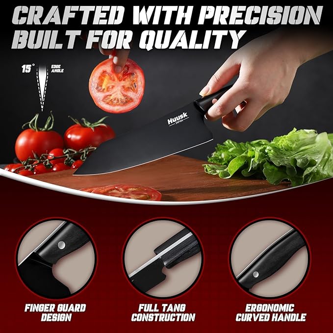 Huusk Japanese Chef Knife for Kitchen - 7" Kirisuke Knife with Black Titanium Coating, Stainless Kitchen Cooking Knifes for Vegetable & Meat Cutting, Ultra Sharp Sushi Knives, Men's Christmas Gifts
