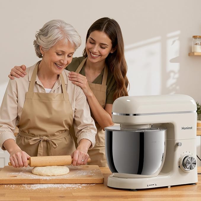 Honinst Stand Mixer, 3-In-1 8-Speed 660W 6.5QT Tilt-Head Food Electric Mixers with Bowl, Dough Hook, Whisk and Beater, Kitchen Mixer for Baking, Cake and Most Home Cooks, Beige