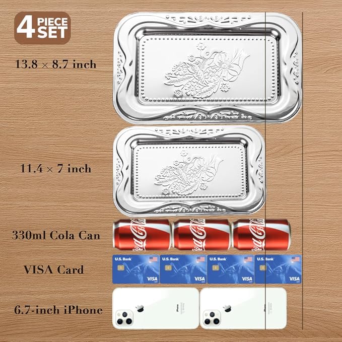 4-Pack Small Silver Serving Trays Set - ZENOVLUX Lightweight Bow Floral Engraved Mirror Decorative Tray, 11.4" x 7" Party Platters for Valentine's Day, Food, Appetizer, Charcuterie, Cookies, Desserts