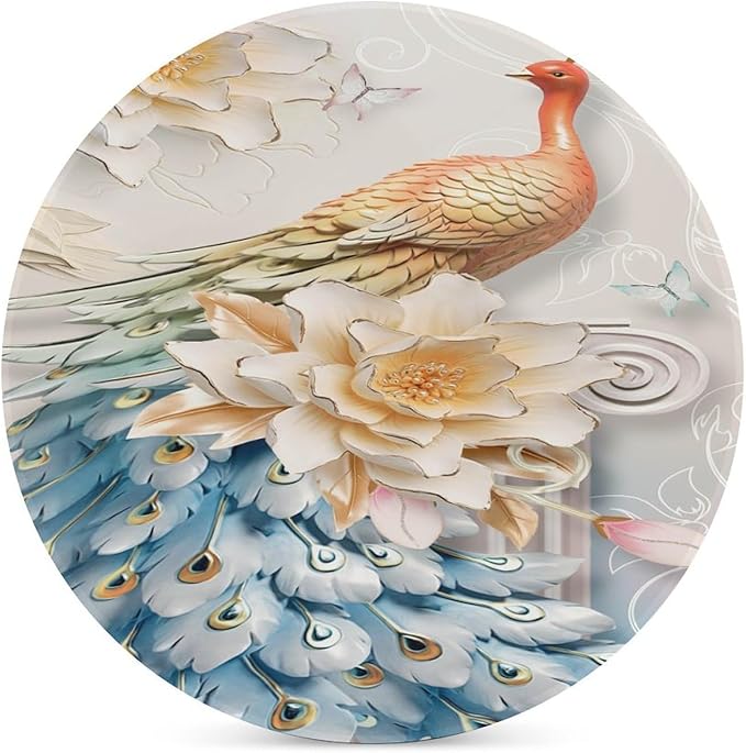 Peacock Drink Coasters, Round Ceramic Drink Coaster Round-4PCS, Vintage Country Flower Beautiful Peacock Floral Decor Absorbent Ceramic Coasters for Beverage Cup, Bar, Coffee Table