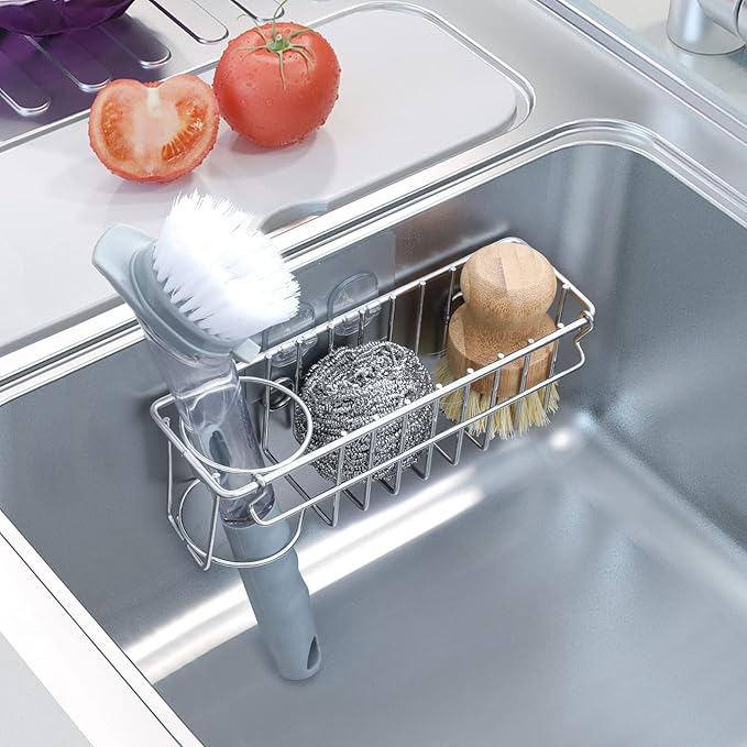 3-In-1 Sponge Holder for Kitchen Sink with Suction Cups & Adhesive Hook , In-sink Sponge Holder, Wall Hanging Sink Organizer Rack - Sponge, Dish Cloth, Brush, Scrubber - 304 Stainless Steel