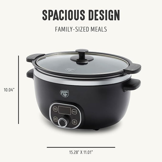 GreenLife 6QT Slow Cooker, Non-Toxic PFAS-Free Ceramic Nonstick Removable Interior Bowl, Programmable, Family Friendly, Keep Warm, Stovetop & Oven Safe, Dishwasher Safe Crock, Timer, Glass Lid, Black