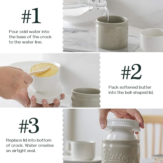 DOWAN Butter Keeper, French Butter Dish, Ceramic Candy Servers for Storage, No More Hard Butter & Humanized Water Line, Grey