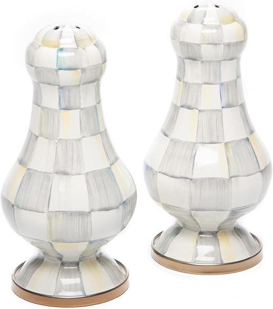 MACKENZIE-CHILDS Enamel Salt and Pepper Shakers, Kitchen Table Spice Shaker Set, Gray-and-White Sterling Check, Large