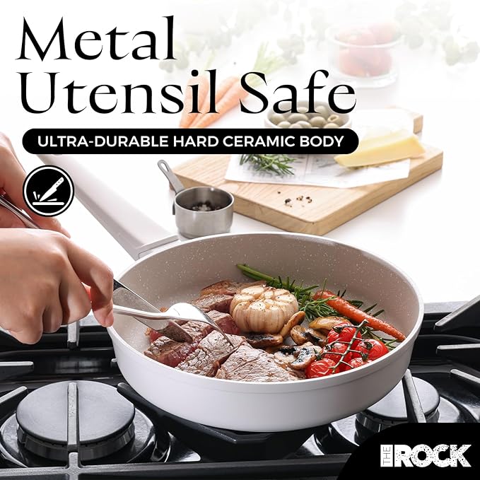 THE ROCK SOHO 8-Inch Non Stick Frying Pan with Lid–Nothing Sticks, Never Warps, Lasts Longer, Ceramic Non Toxic Skillet with Heat-Resistant Handle, PTFE PFOA & PFAS Free, Dishwasher Safe, Cream