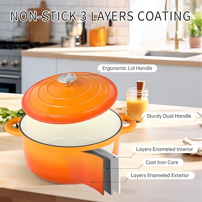 CookNexa 6 Quart Enameled Cast Iron Dutch Oven Pot with Lid, Oven Safe up to 500°F or on Stovetop, Non-stick Dutch Oven for Bread Baking, Cooking, Dual Handles Cookware, Orange