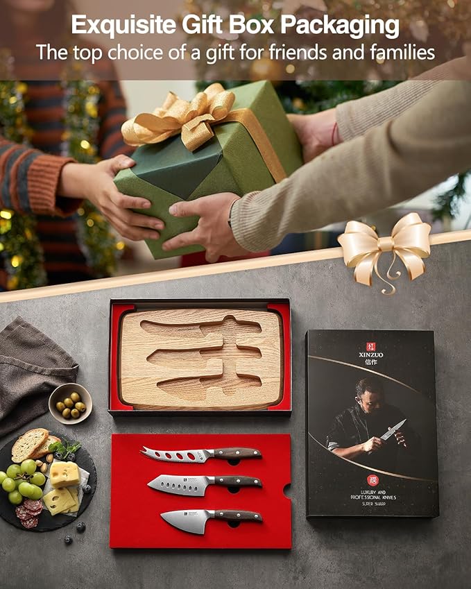 XINZUO Cheese Knife Set with In-Drawer Block, 4-Piece for Charcuterie Board,Hard Cheese Knife-Parmesan Cheese Knife,German Stainless Steel,Red Sandalwood Handle