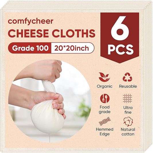 Cheese Cloths for Straining, 6PCS 20 * 20Inch Grade 100 Chees Cloth with Hemmed Edge,100% Cotton Unbleached,Reusable Muslin Cheesecloth for Straining, Making Yogurt, Juicing