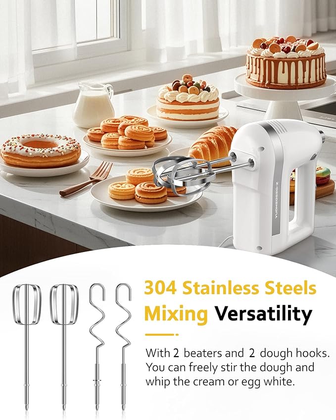 Z-DESDEMONA Electric Hand Mixer, Powerful 300W Hand Mixer Electric Handheld with 304 Beaters, Dough Hook,Hand Held Mixer with Turbo for Baking Cakes, Eggs, Cream Food(White)