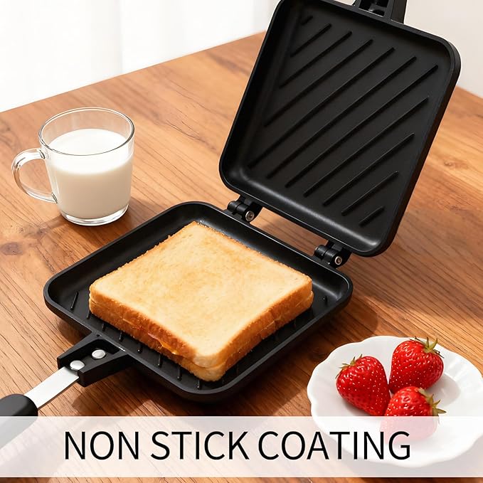 Sandwich Maker, Nonstick Panini Maker Pan Grilled Stove Top Toasted Pan, Double Sided Cheese Press with Handle for Breakfast, Camping, Home, Kitchen 5.82" W x 13.07" L