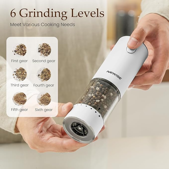 Electric Salt and Pepper Grinder Set, Adjustable Coarseness & LED Light, Rechargeable Large Capacity Stainless Steel Mill, Valentines Day Cooking Gifts for Him Men- Black/White