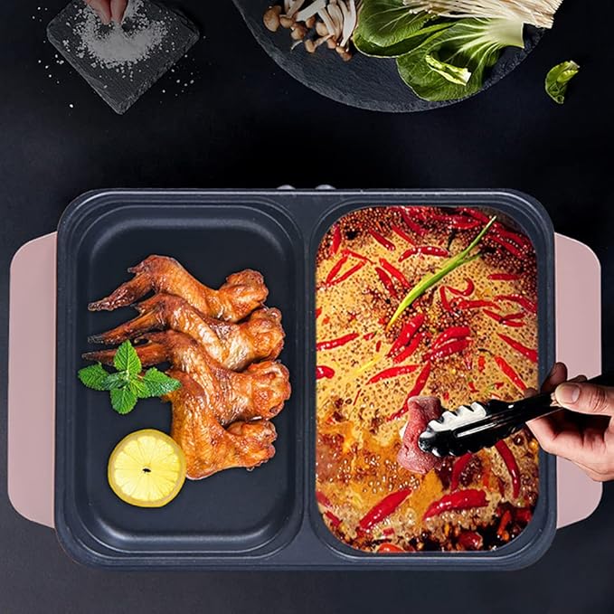 Hot Pot with Grill,2 in 1 Indoor Non-Stick Electric Hot Pot and Frying Pan,Independent Temperature Control,Portable Smokeless Korean BBQ Grill for Indoor Outdoor Party, 11.4 x 8.7 x 4.3