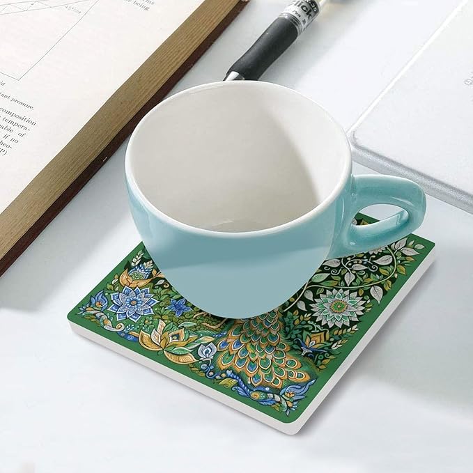 Peacock Drink Coasters, Square Ceramic Drink Coaster Square-4PCS, Beautiful Green Plant Floral Peacock Boho Art Pattren Decor Absorbent Ceramic Coasters for Beverage Cup, Bar, Coffee Table