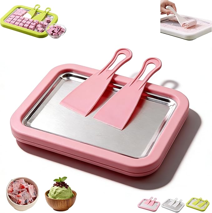 At-Home Rolled Ice Cream Maker Kit, Instant Freeze Plate and 2 Scrapers, DIY Stainless Steel Homemade Iced Tray, Stainless Steel Ice Cream Makers Tray for Fun Freezer Desserts (Pink)