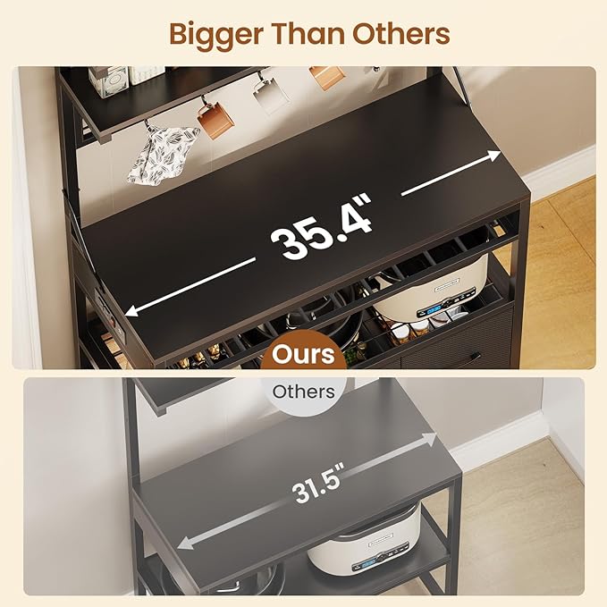 Itaar Bakers Rack with Storage Drawers, Microwave Stand with Power Outlet and LED Lights, 35.4 inch Coffee Bar Cabinet with Hutch, Wine Rack and Hooks for Kitchen, Living Room, Black