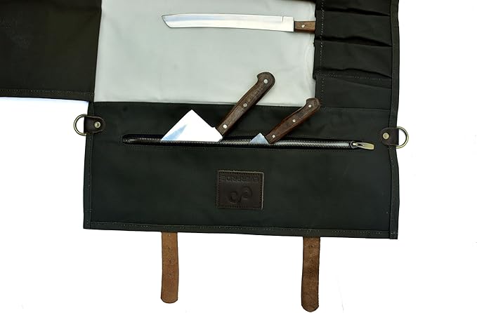 EVERPRIDE Stunning Waxed Canvas Roll Bag in Rich Dark Green w Genuine Leather Trim. Handsome Professional Chef Knife Roll Bag with upto 14" Knives and Storage Compartments A Super Gift