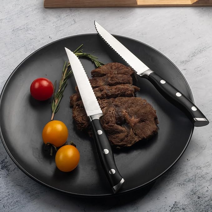 Alata 6-Piece Steak Knives Set with Block, 4.7 Inch with Serrated Edge Razor-Sharp Dinner Knives, Full-Tang Construction