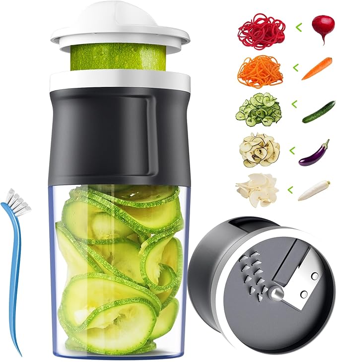 3 in 1 Vegetable Spiralizer Slicer, Adjustable Thickness 0-3mm, Zucchini Spiralizer Veggie Noodle Maker for Cucumber/Zoodle/Salad/Spaghetti/Pasta with Food Container, Cleaning Brush, Gray