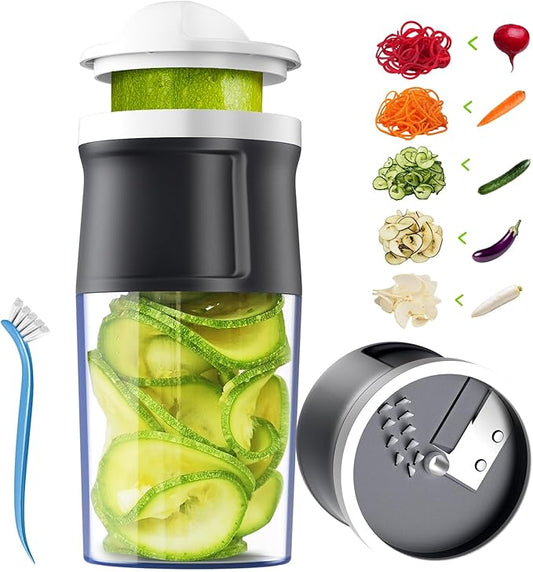 3 in 1 Vegetable Spiralizer Slicer, Adjustable Thickness 0-3mm, Zucchini Spiralizer Veggie Noodle Maker for Cucumber/Zoodle/Salad/Spaghetti/Pasta with Food Container, Cleaning Brush, Gray