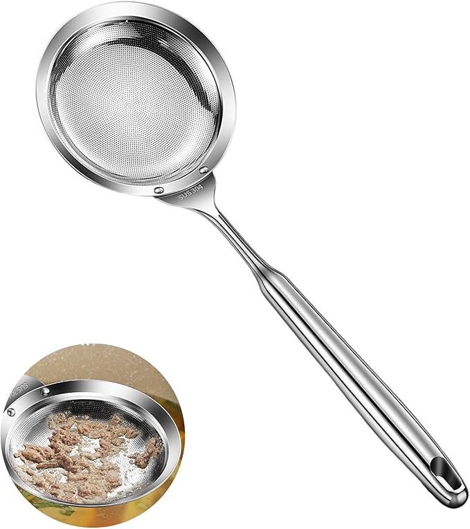 Ugotit Fine Mesh Strainer - Oil Strainer Spoon for Bacon Grease & Soup Skimming, Stainless Steel Fat Skimmer with Heat-Resistant Handle (4.3 Inch)