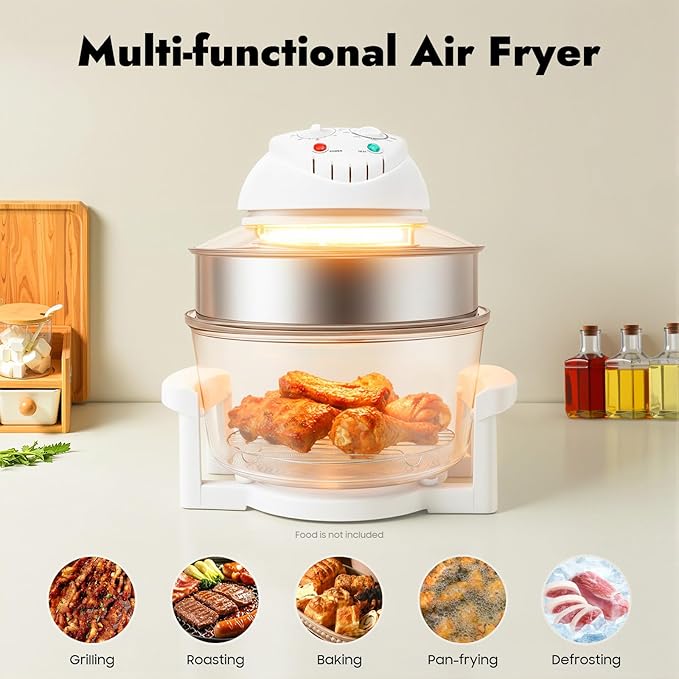 Bepritm 17L Glass Halogen Air Fryer & Convection Oven – 1300W Infrared Multi-Cooker with 360° Heating Roaster, 60min Timer for Baking, Frying, Roasting, Steaming (110V US Plug)