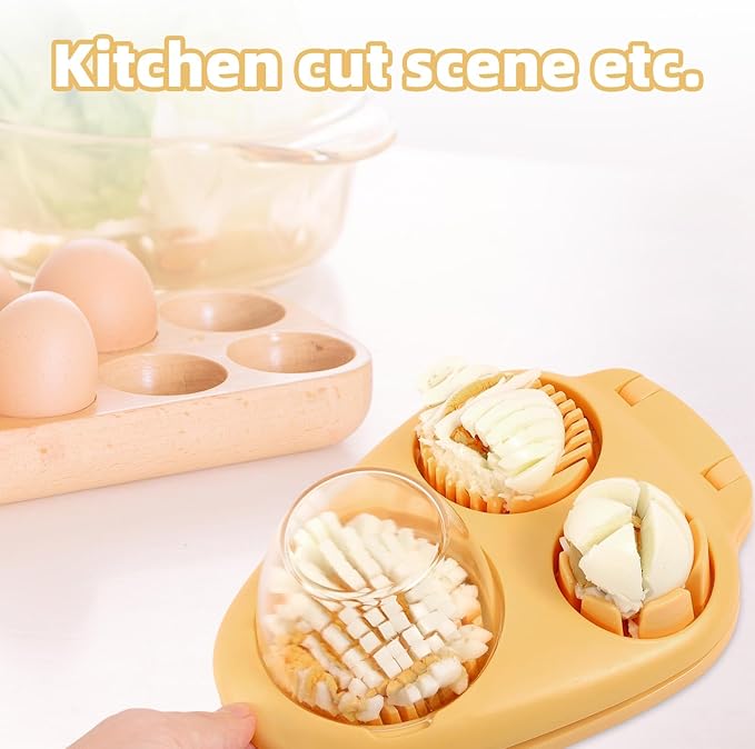 3 in 1 Way Hard Boiled Egg Slicer, Plastic Egg Cutter & Dicer Chopper with 3 Slice Modes and Cleaning Brush for Strawberries Apples Tomatoes Mushrooms & Soft Fruits Food Kitchen Tool Gadgets (Yellow)