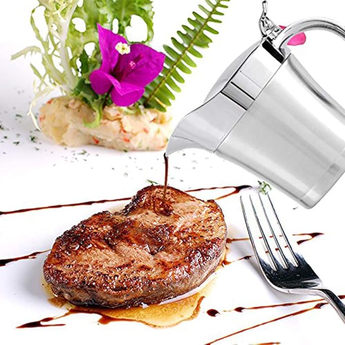 Double Insulated Gravy Boat - Stainless Steel Sauce Jug with Hinged Lid Hinged Lid Ideal for Gravy or Cream at Thanksgiving (450ML/16 OZ)