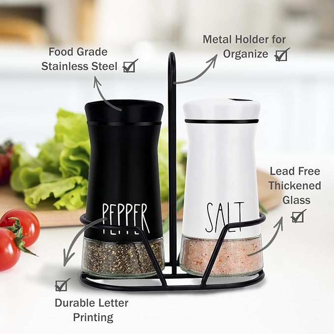 Aelga Farmhouse Salt & Pepper Shakers with Holder & Adjustable Pour Holes, Refillable Salt Shaker for Himalayan, Kosher, Black and White Pepper