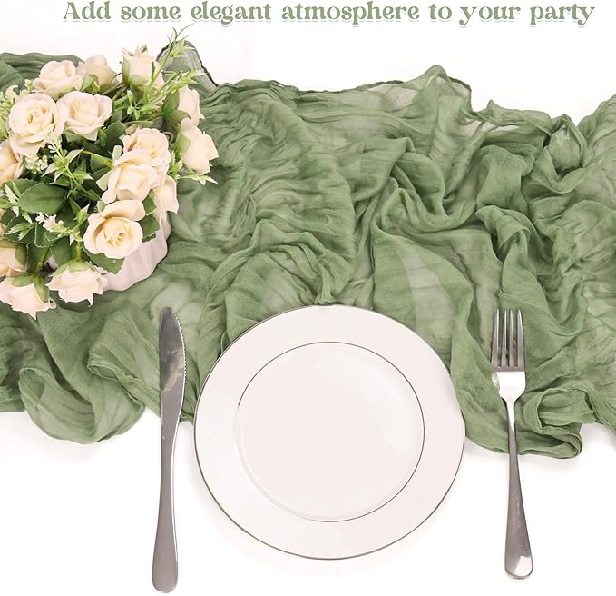 10 Pack Sage Green Cheesecloth Table Runner 10FT Boho Gauze Fabric Table Runner Vintage Rustic Sheer Runners for Wedding Party Bridal Baby Shower Long Table Decorations