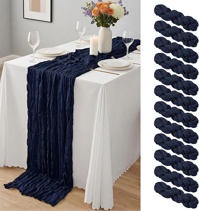 12 Pack Navy Blue Cheesecloth Table Runner 10Ft, Gauze Table Runners 21.5 x 120 inch,Semi Sheer Cheese Cloth Fabric Runner Bulk for Wedding,Party,Baby Shower,Bridal Shower