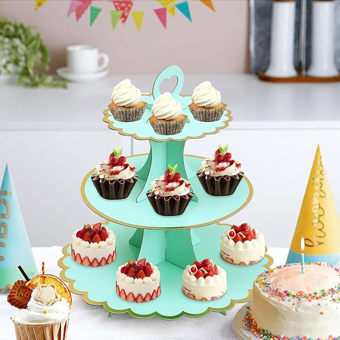 Soleebee 3-Tier Cupcake Stand, Cardboard Cupcake Tower, Cup Cake Stand Tower for Birthday Wedding Party Decoration, Cupcake Tier Stand Desserts Display 2 Set (Green Gold)