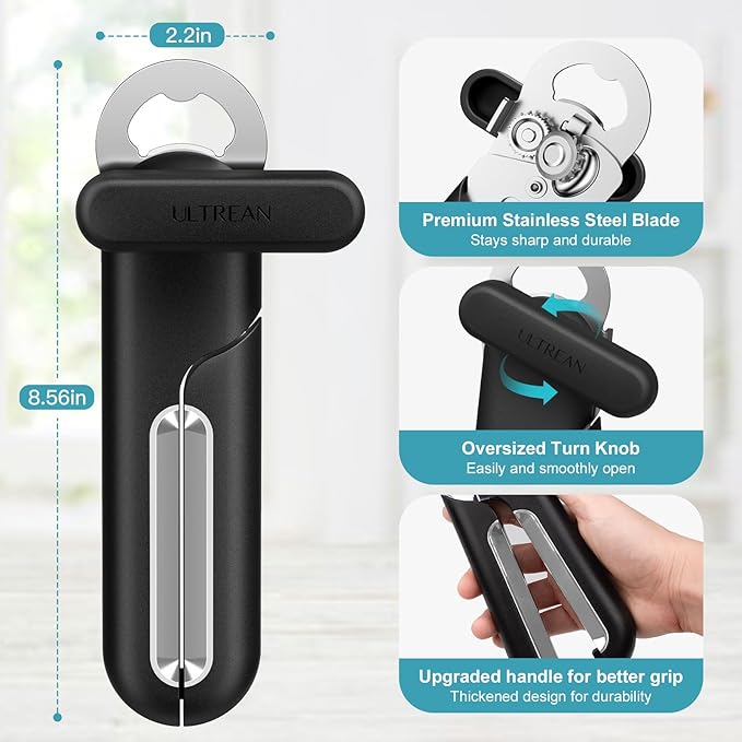 Ultrean Manual Can Opener Bottle Opener, Thickened Heavy-Duty Stainless Steel Construction, Durable and Built to Last, Smooth Edge, Ergonomic Handles, Rust Resistant, Oversized Easy-Turn Knob-Black