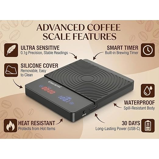 ClarArti - Sensitive Coffee Scale with Timer – 2kg/0.1g High Accuracy Small Espresso Scale for Barista Tools - Water-Resistant, Pour Over, and Drip Coffee – Precision Espresso Scale with Timer