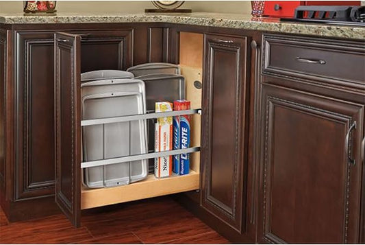 Rev-A-Shelf 8" Pullout Wooden Bakeware Organizer Shelf for Kitchen Cabinets, Pots and Pans Wire Storage Rack w/ Soft-Close Slides, 447-BCSC-8C