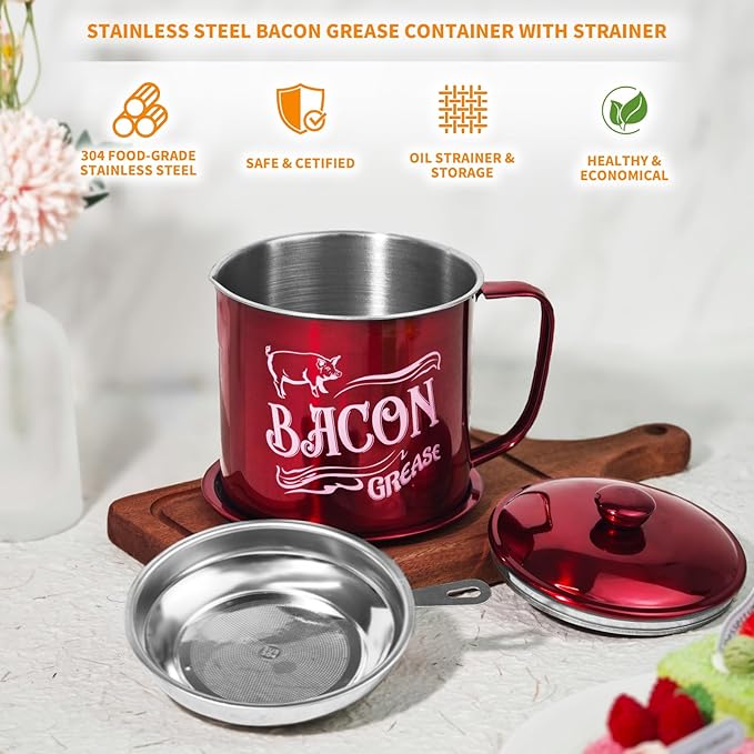1.3L Bacon Grease Saver Container with Fine Mesh Strainer,Stainless Steel Oil Keeper Can for Bacon,46oz Large Rustic Farmhouse Fat Container, Keeper, Recipes, Dishwasher Safe (Red)