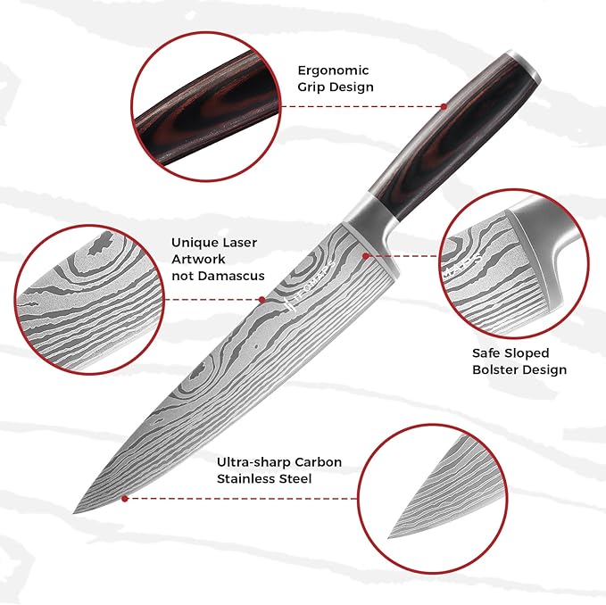 15-Piece Knife Set with Block for Kitchen, with Built-In Sharpener, Stainless Steel Ultra Sharp Blades, Ergonomic Pakkawood Handle, Essentials Chef Knives Set