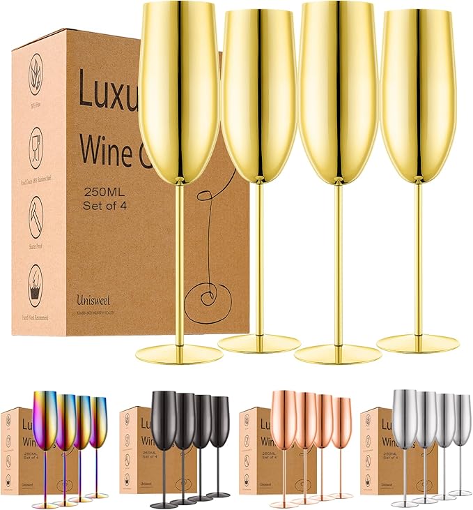 Stainless Steel Champagne Flutes Set of 4-Wedding &Birthday Gifts,8.5 Oz Unbreakable Champagne Glass with Long Stem,Reusable Indoor Outdoor Drinkware (Gold)