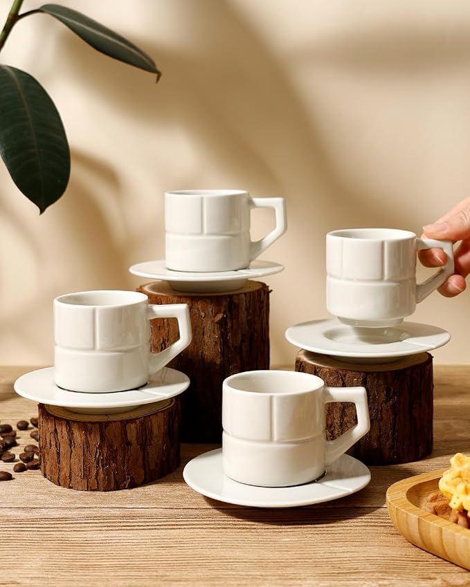 Ceramic Coffee Mugs Set of 4, Coffee Cups with Saucers, Cappuccino Cups with Saucers, Porcelain Cups, Coffee Cups for Tea, Latte, Espresso (Ivory-Geometric)