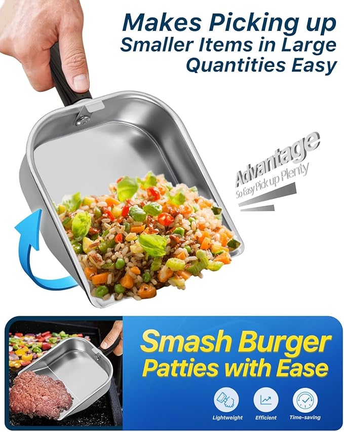 Griddle Scoop for Blackstone with a Any-Edge Hook, Stainless Steel Griddle Portable Food Mover for Stir Fry and Move Food, Classic Grill Shovel, 2 Pack
