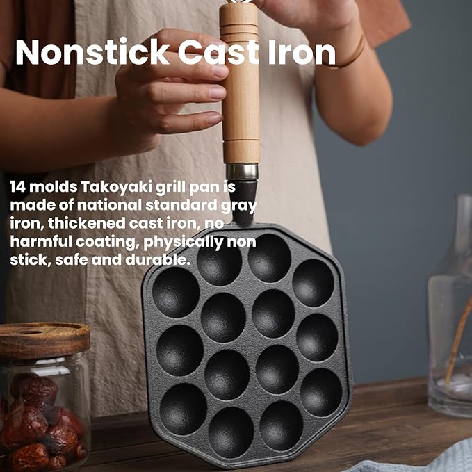 Topyond Cast Iron Aebleskiver Pan, 14 Holes Takoyaki Nonstick Cast Iron Ebelskiver Pan, Mochi Maker Grill Pancake Pan with Detachable Handle