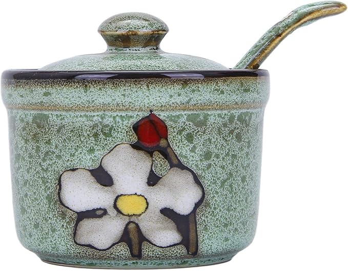 VanEnjoy Retro Hand Painted Flower Ceramic Round Sugar Bowls Spice Containers Porcelain Jar with Spoon Round Condiment